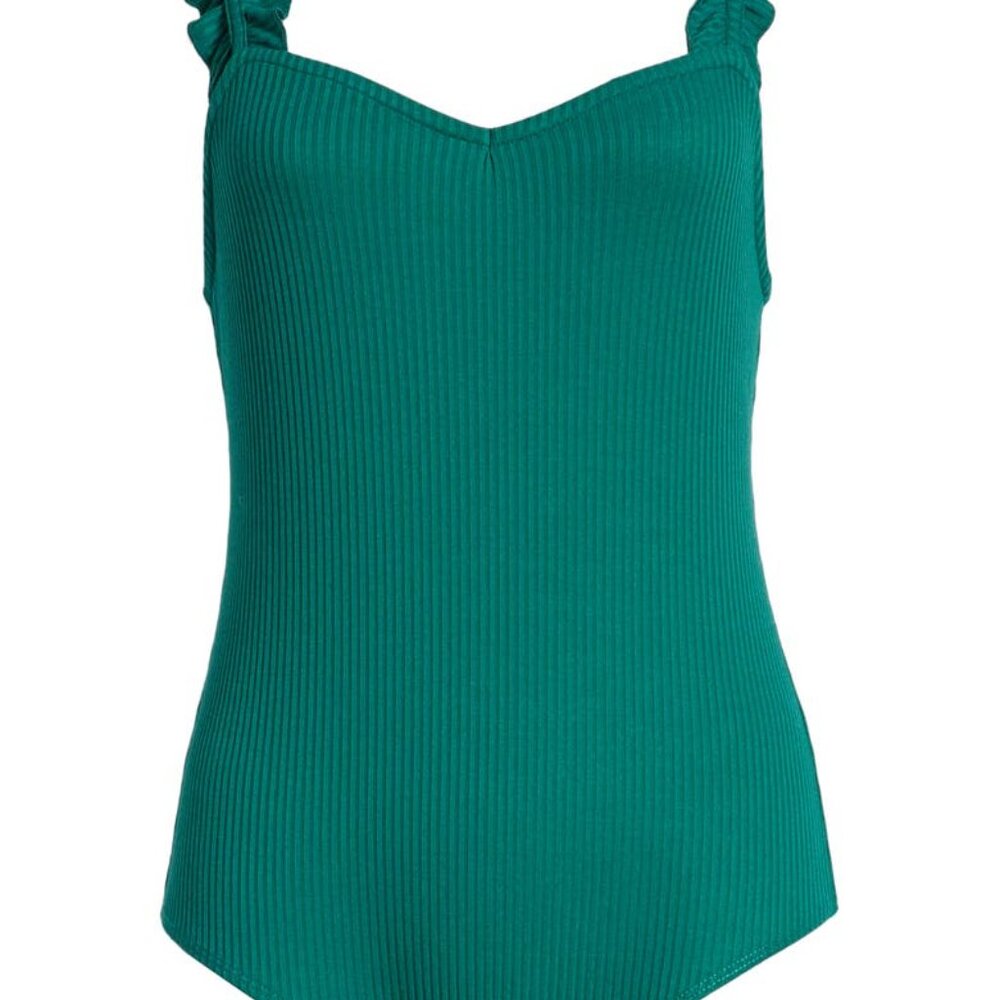 BP. Ruffle Strap Ribbed Bodysuit - Green Alpine (M) - Picture 6 of 11